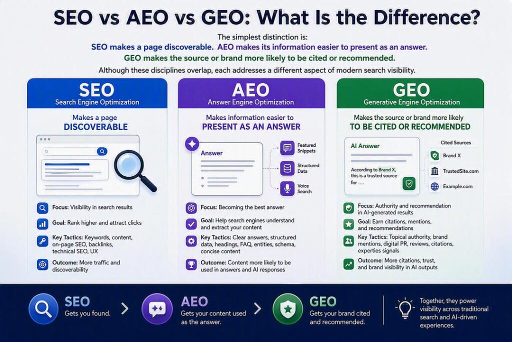 SEO vs AEO vs GEO: What Is the Difference? bureau42